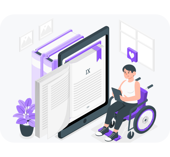An infographic showing a wheelchair-bound person with a handheld device reviewing 508-compliant remediated documents in augmented reality visual