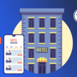 Illustration of a multi-story hotel building with a glowing yellow awning and a smartphone displaying a hotel booking app interface. A "Find a Hotel" button and a location pin icon are placed to the left. An accessibility symbol is shown in the upper-right corner on a dark blue gradient background.