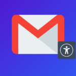 An illustration of the Gmail logo with a circular accessibility icon in the bottom right corner, symbolizing email accessibility on a gradient blue and purple background.