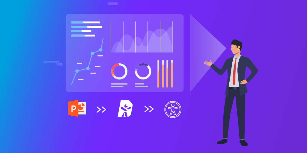 A business professional in a suit stands next to a digital presentation slide showcasing graphs, charts, and data visualizations. Below the slide are three icons: the PowerPoint logo, documenta11y logo, and an accessibility icon, connected by arrows to indicate a workflow.