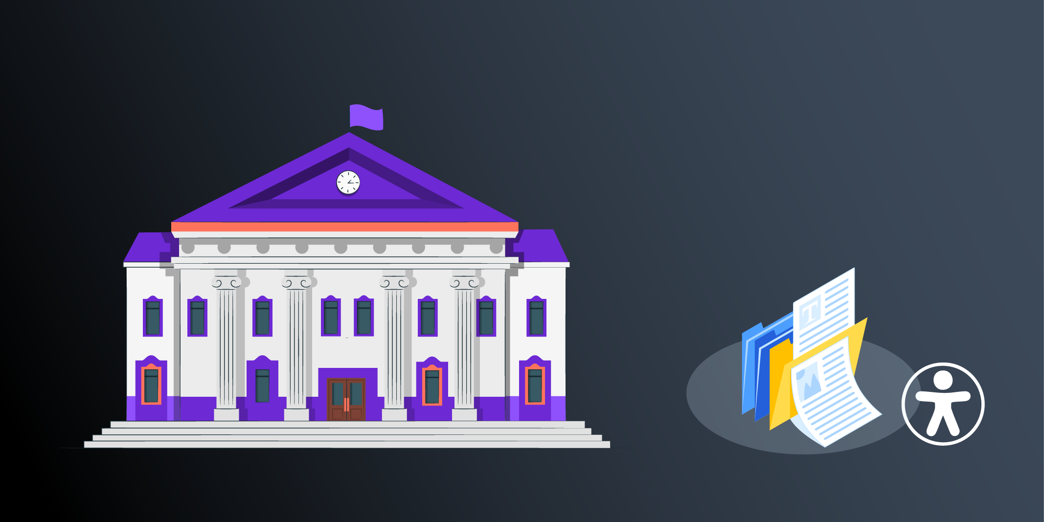 a government building with a clock and purple accents, next to folders containing accessible documents and a universal accessibility icon, representing public document accessibility for housing authorities.