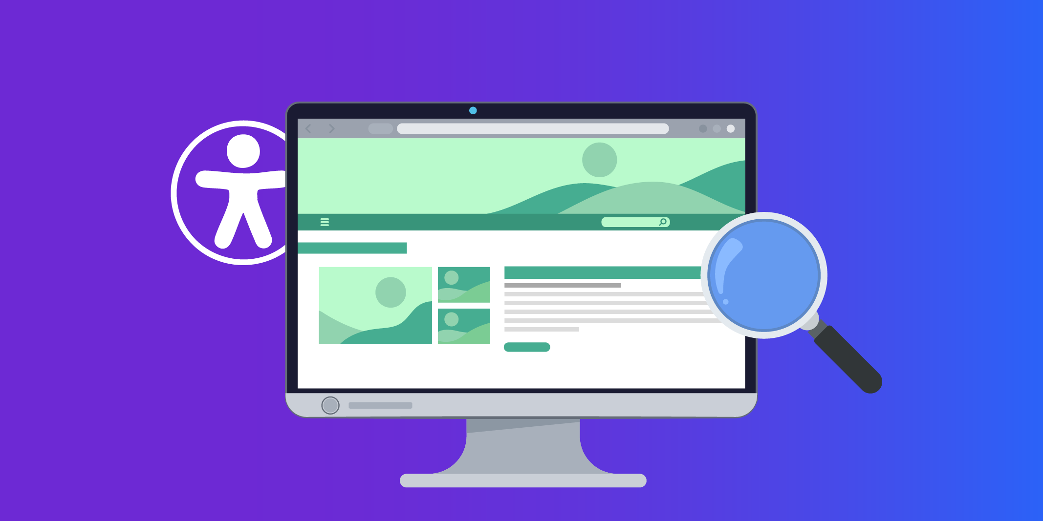 A digital illustration showing a desktop computer monitor displaying a generic website. To the left is a white circle with a human-like figure, representing accessibility. To the right, a large magnifying glass hovers over the screen, suggesting examination or discovery. The background is a gradient of purple and blue.